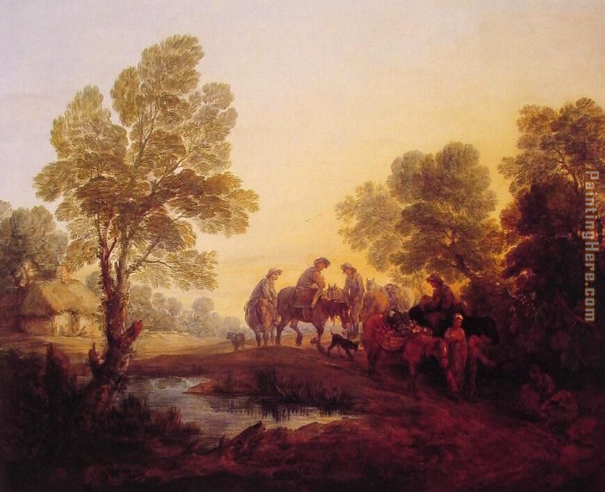 Evening Landscape Peasants and Mounted Figures painting - Thomas Gainsborough Evening Landscape Peasants and Mounted Figures art painting